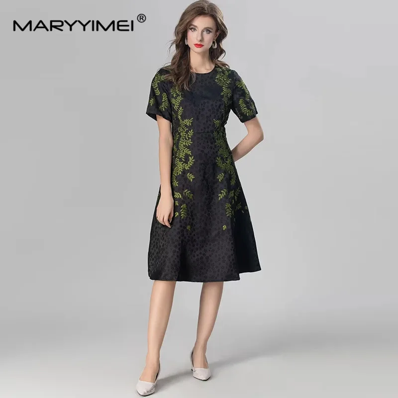 MARYYIMEI Women's Fashion Casual Dress Autumn New Style Short sleeve Embroidery Holiday Black Midi Dresses