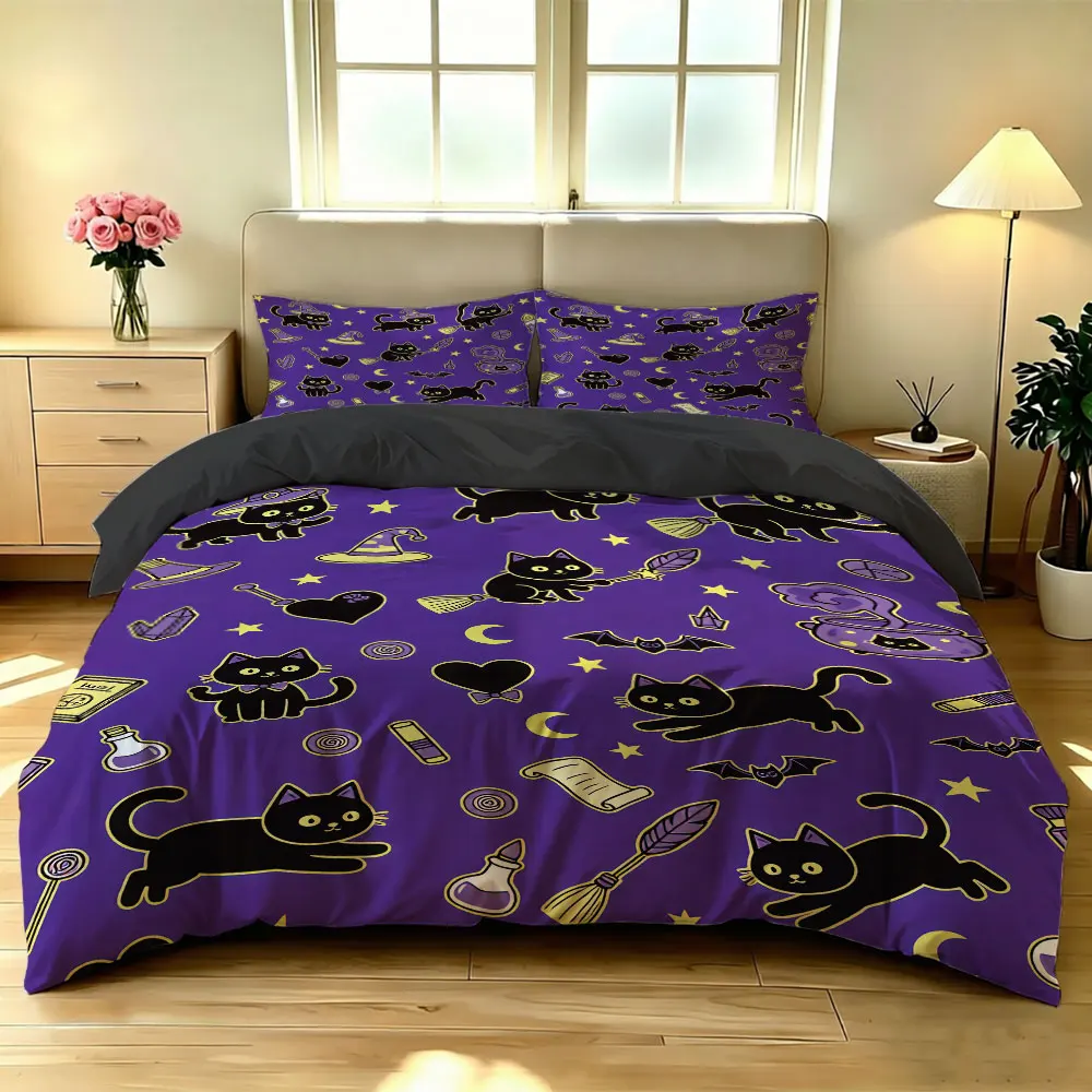3pc Halloween Black Cat Wizard-Print Bedding Set, without a filling, Made of Soft Materials for Bedding Use - view 2