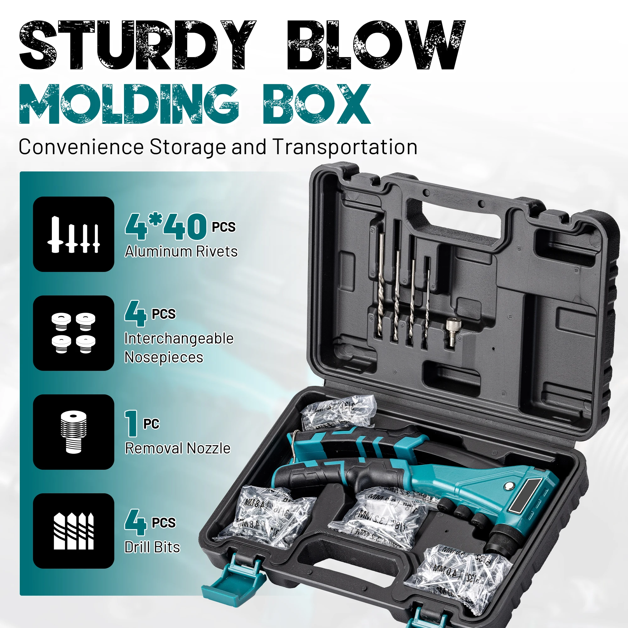 Professional Heavy-Duty Rivet Gun, One-Handed Pop Rivet Gun Set Robust Riveter with Shaft Container, Manual Riveting Tool, Tool-Free Interchangeable Heads, for Metal, Wood, and Plastic - view 7