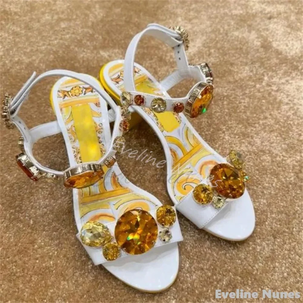Luxurious Gemstone Painted Sandals Women Round Toe Chunky Heel Party Sandals 2025 New 6/10Cm High Heels Beach Vacation Sandals