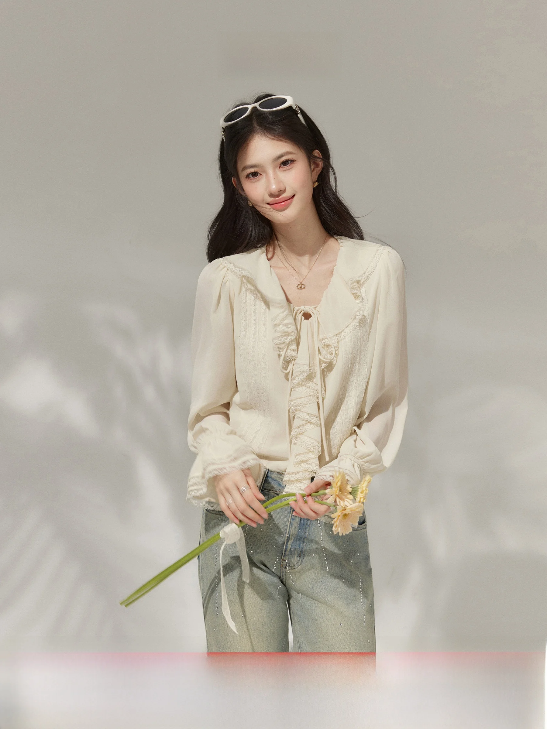 

Sweet Tang Yuan plus Size Women's Shirt Loose Long Sleeve V-Neck Spring Fashionable Casual Loose Shirt for Plump Women