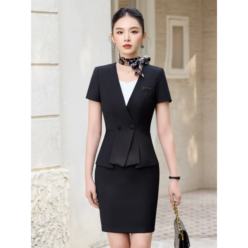 Ruffled professional short-sleeve suit dress for women, dark blue, with bow tie waist, jewelry store workwear, professional wome