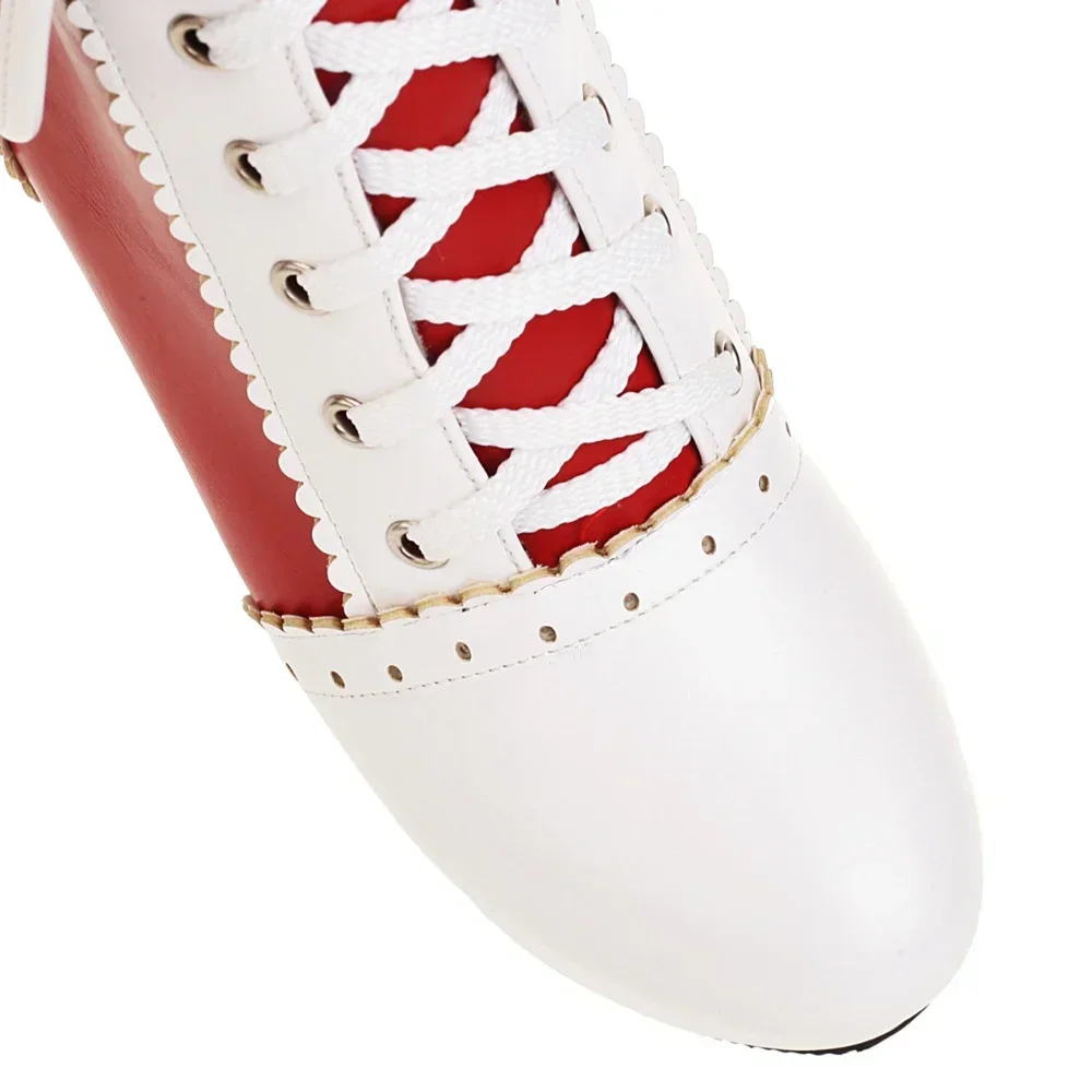 Cute Pink Winter Ankle Boots Women High Thick Heels White Red Mixed Color Party Show Lady Lace-up Round Toe Platform Short Boots