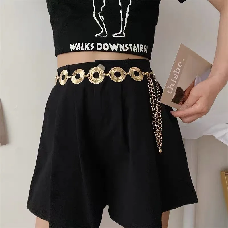 Vintage Retro Sequin Metallic Waist Chain Belt For Women Round Shiny Hip Chain Body Jewelry Boho Style For Skirt And Pants