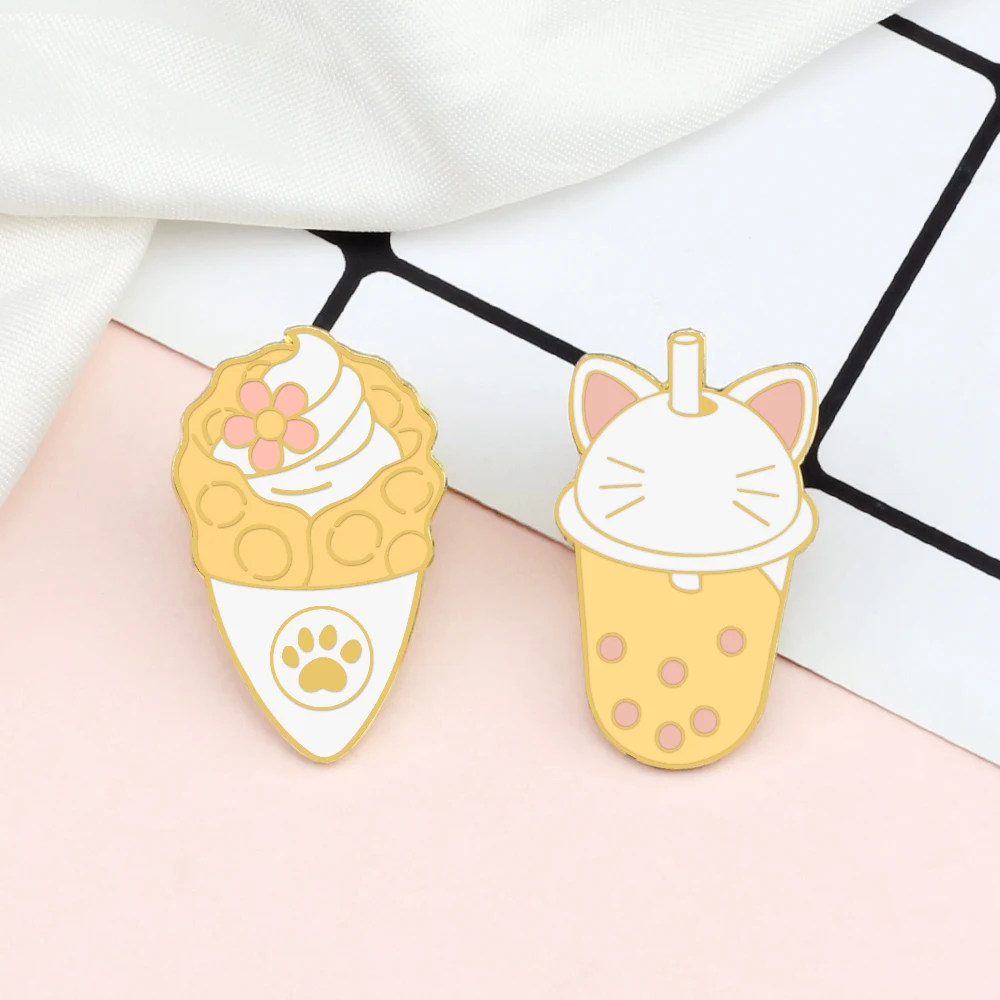 Cute Boba Milk Tea Enamel Pin Cartoon Animal Cat Bubble Tea Custom Brooch Ice Cream Egg Waffle Bag Lapel Pins Badge Jewelry Gift