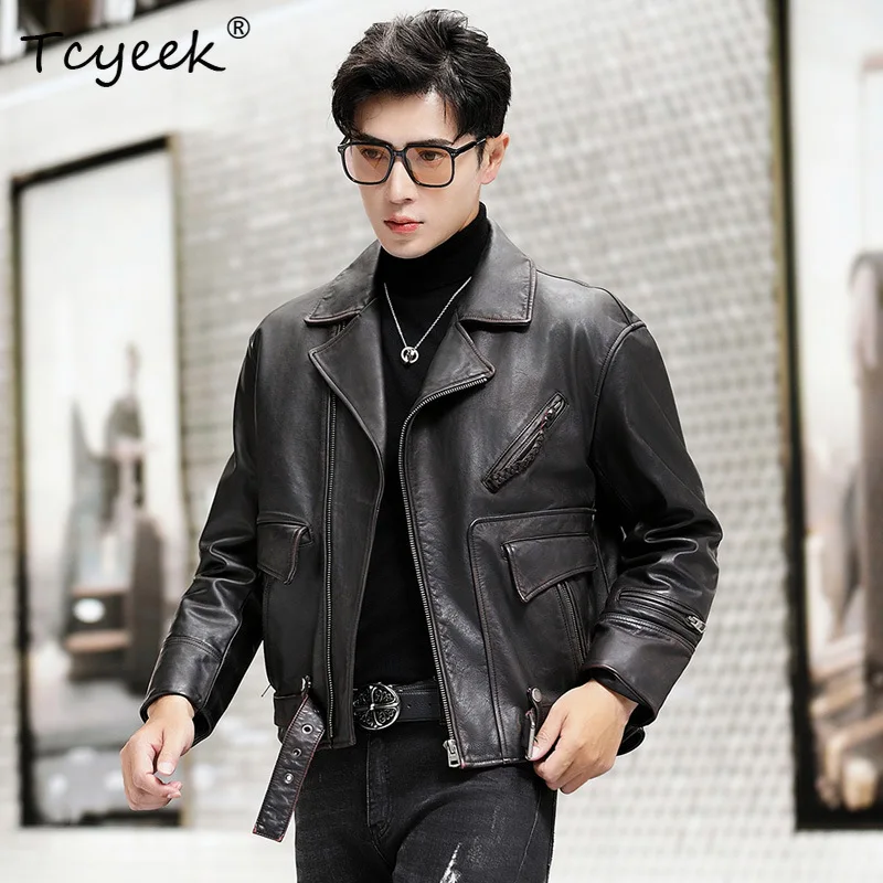 Tcyeek Real Leather Jacket Men Vintage Genuine Sheepskin Coats Spring Autumn Motocycle Jackets Mens Clothes Jaqueta Couro 2025