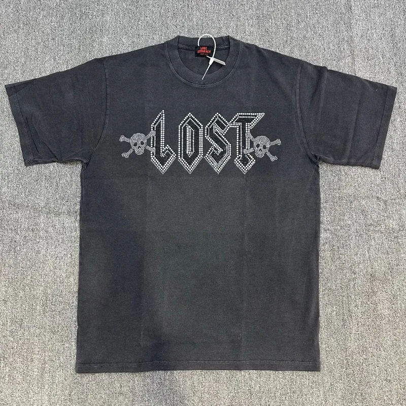 

Retro Washed Black Unisex T-Shirt Embellished Rhinestones Lost Intricacy Design Casual Top