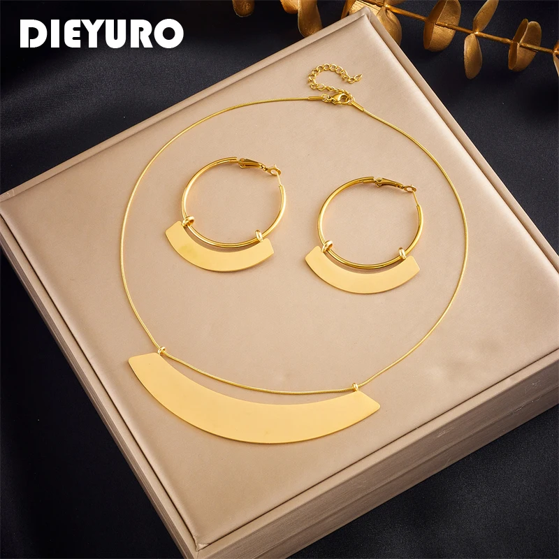 

DIEYURO 316L Stainless Steel Gold Silver Geometric Charm Necklace Earrings For Women Girl Fashion Waterproof Jewelry Set Gift