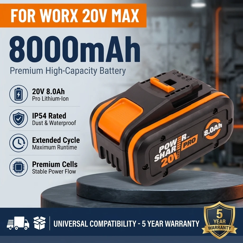 Image of WORX 20V 8,0Ah PowerShare Akku WA3535 mit LED-Ladeanzeige Kompatibel mit Allen WORX 20V Werkzeugen Hochleistungsakku