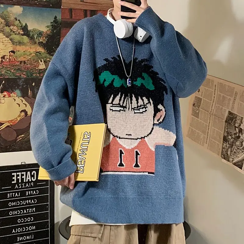 Autumn and Winter Japanese Style Thickened Sweater Men's Loose Pullover Slouchy Korean Style Student Cartoon Pattern Knitwear