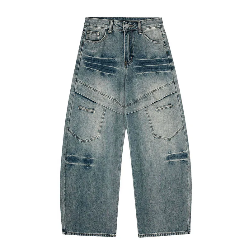 

Vintage Hi Strret Blue Jeans Pants Patchwork Straight Casual Denim Trousers For Male Multi Pockets