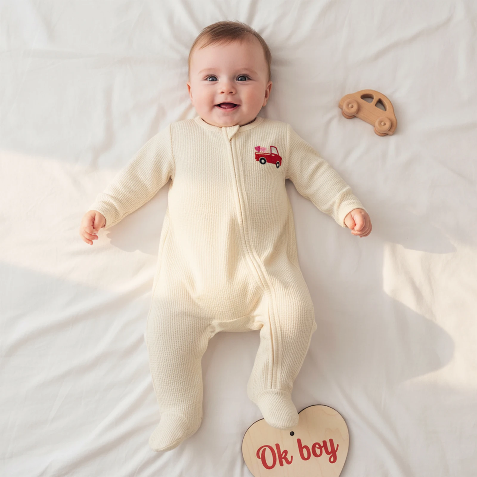 Valentine's Day Baby Boy Romper Fashionable Truck Embroidery Long Sleeve Round Neck Zip Up Full Length Footed Jumpsuit