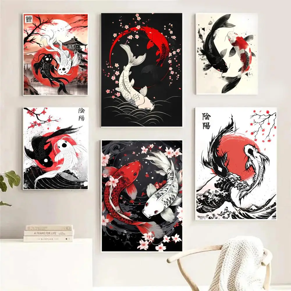 Glücklicher Koi Yin-Yang-Gemälde Kalligrafie HD-Druck Leinwandposter Wandbild Kunstposter Fotos für Wohnzimmer Heimdekoration