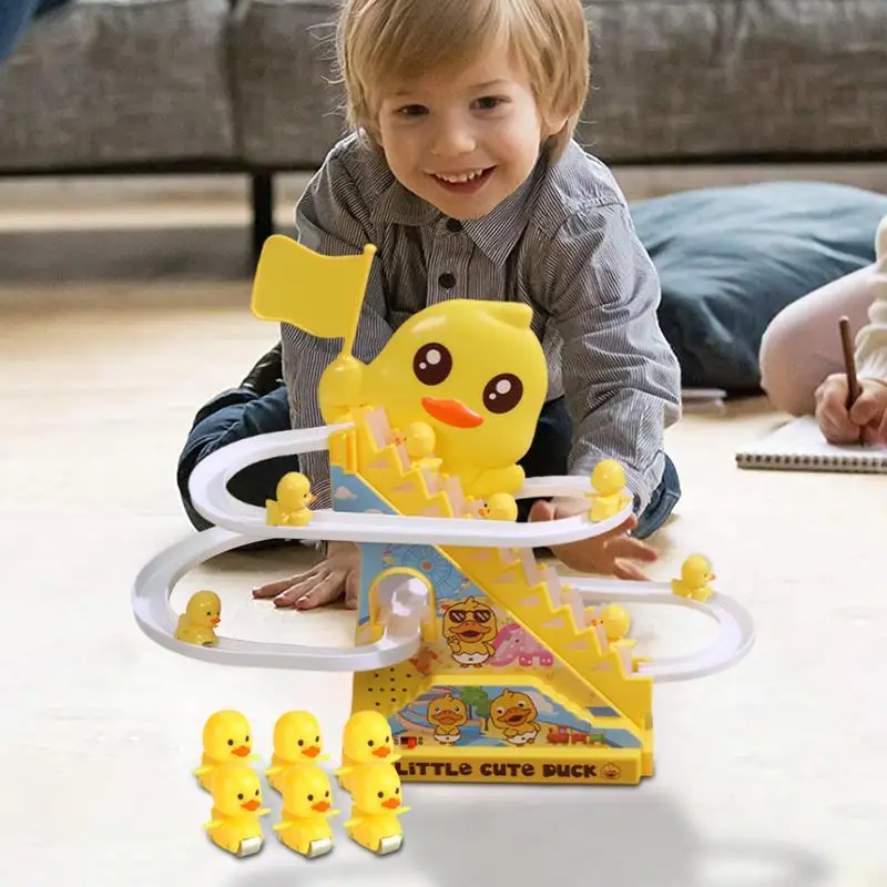 Small Ducks Climbing Toys Slide Track Funny Ducks Toy Duck Roller Electric Track Slide Stairs Coaster Toys For Kids Toddler