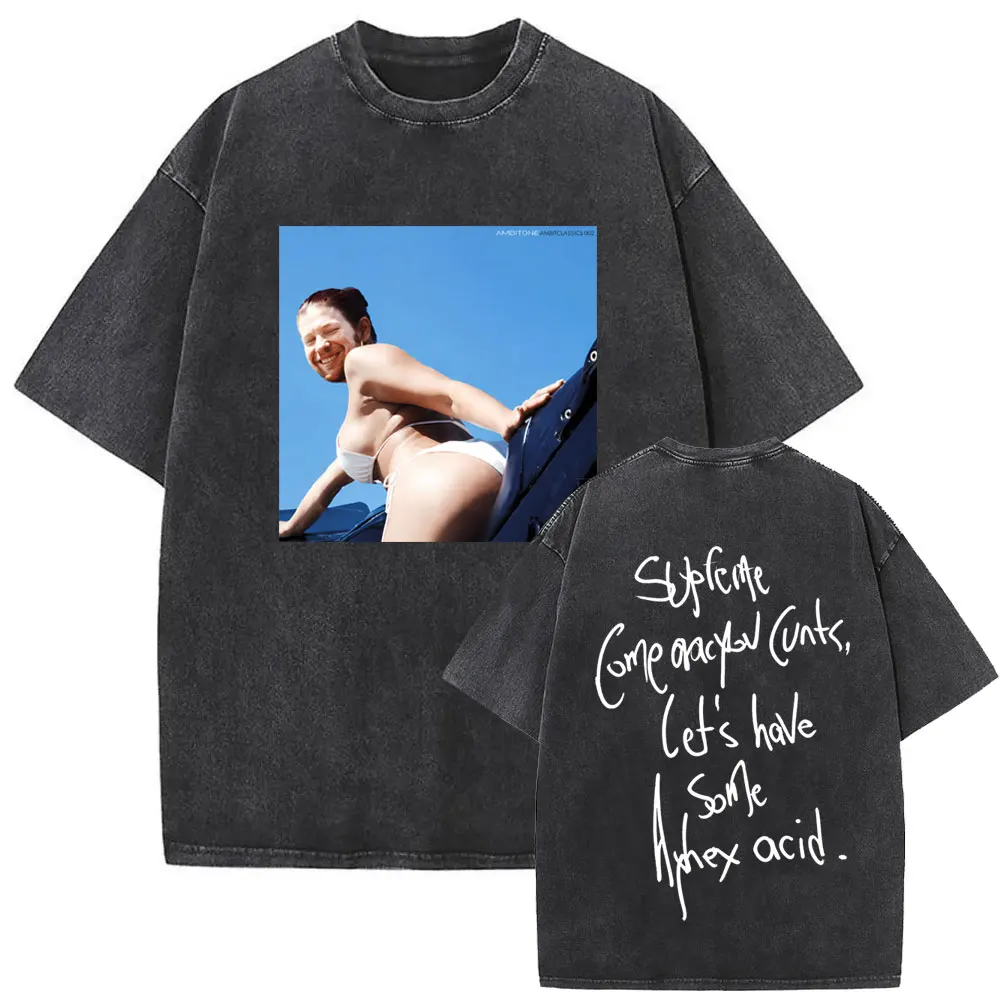 Washed Vintage Aphex Twin Graphic T Shirt Men Women Korean Fashion Trend Short Sleeve T-shirt Men's Casual Oversized T-shirts