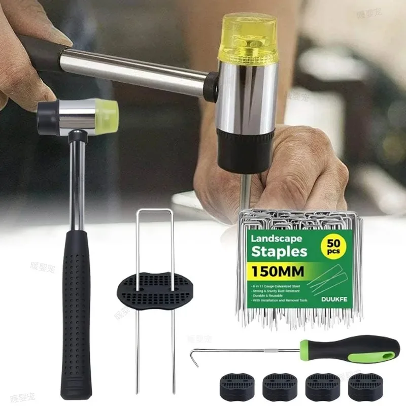 U Shaped Galvanized Landscape Staples Weed Barrier Stakes With Rubber Mallet Pick Hook Gasket Included for Yard Sod Weed Mat