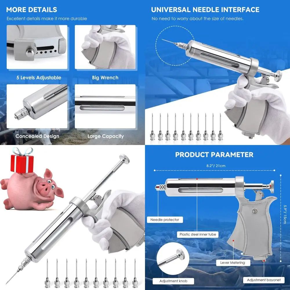 

50ml Semi-Automatic Livestock Syringe with Adjustable Poultry Gun and 10 Stainless Steel Needles for Sheep, Cattle, and Other An