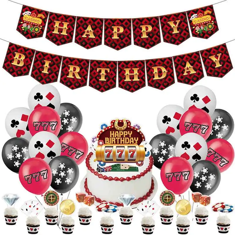 Poker Birthday Party Decoration Foil Balloon Casino Banner Cake Topper Baby Shower Play Card Game Adult Gift Home Garden Decora