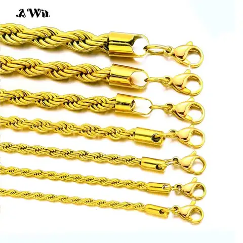 Awit Twisted Rope Chian Bracelet for Woman Hip Hop Punk 4MM Gold Color Stainless Steel Gold Color Necklace Fashion Jewelry