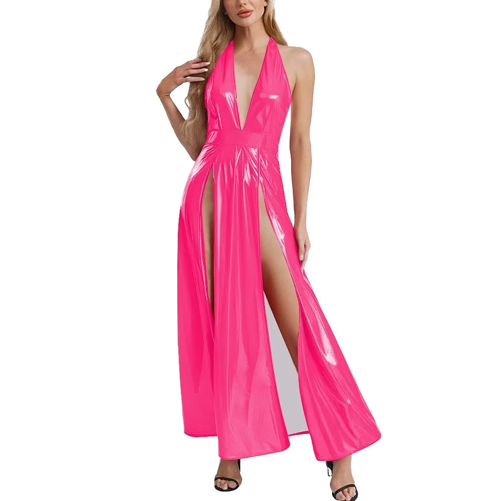 

Womens Goth Punk PVC Leather Long Dress Sexy High Slit Hem Halter V-neck Glossy Maxi Dress Club Party Sleeveless Halter Dresses