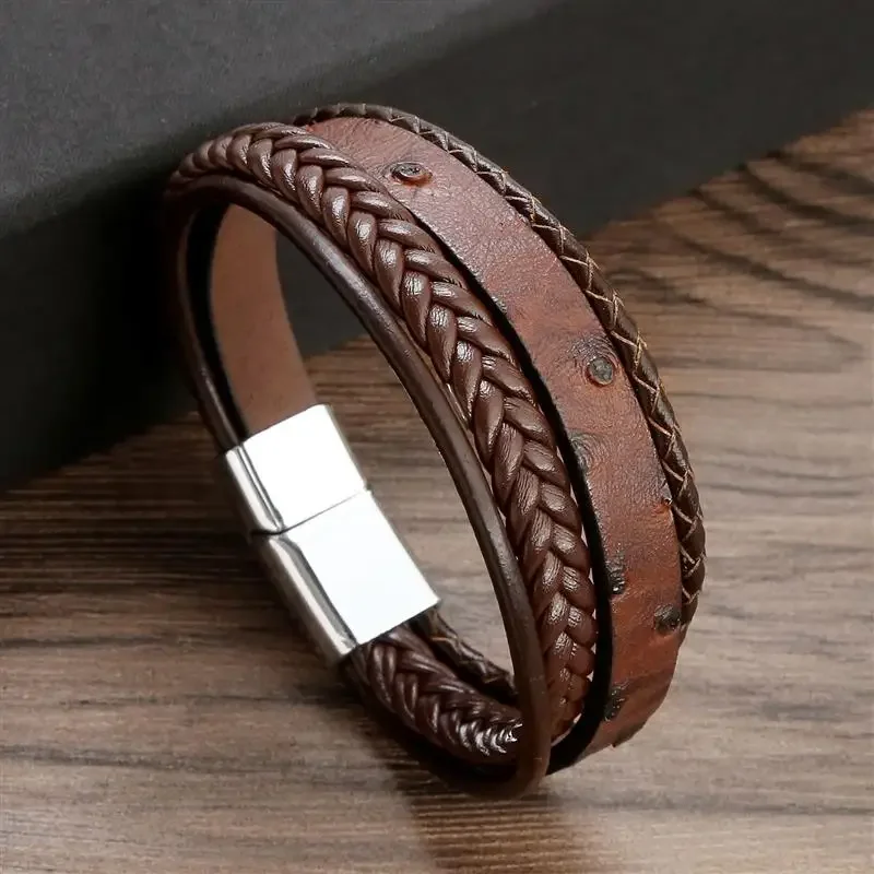 New men leather bracelet stainless steel multilayer braided rope bracelet bangles fashion man jewelry gift wholesale