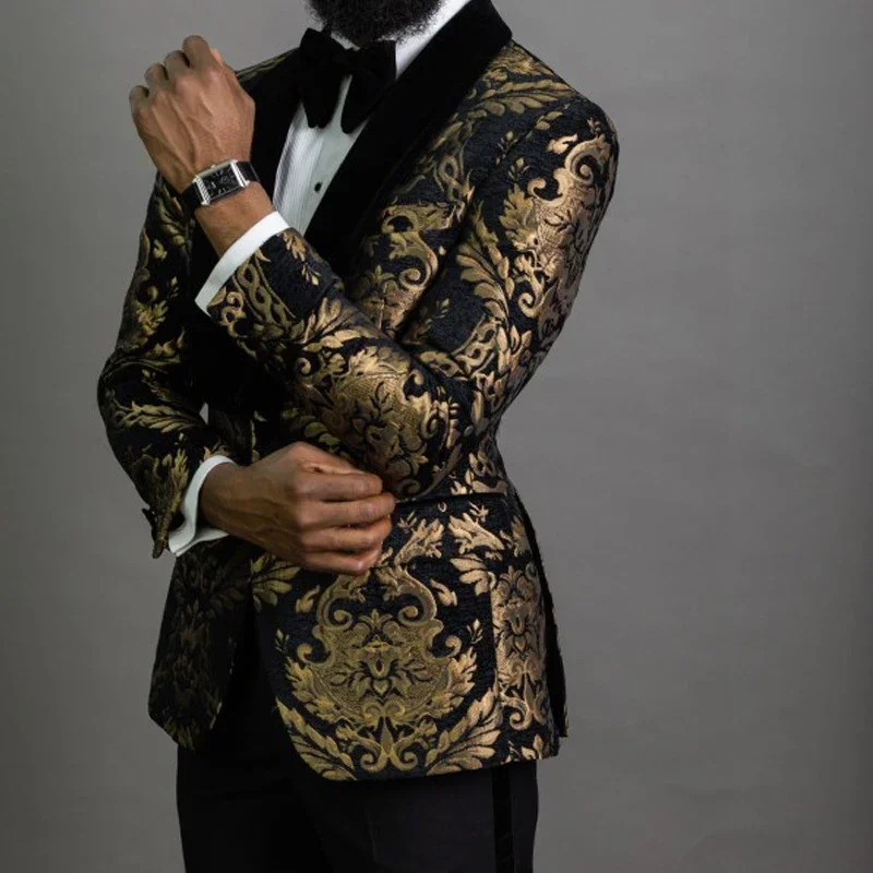 Black And Gold Floral Men Suits For Prom Party 2 Piece Slim Fit Groom Tuxedo Male Fashion Jacket Pants Shawl Lapel Clothes