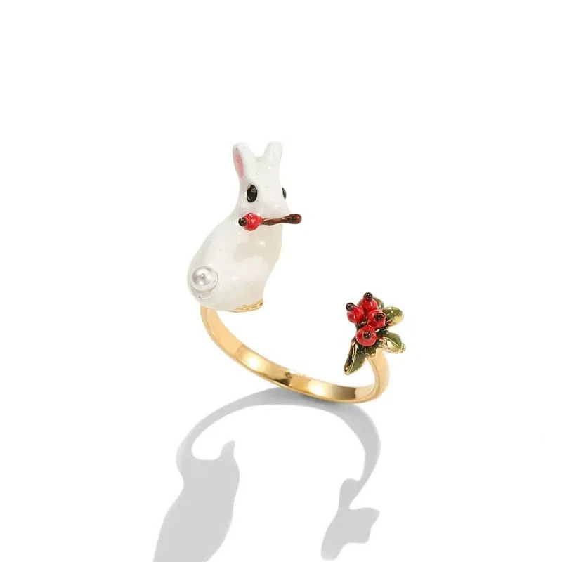 Sweet Fashion Hand-painted Enamel Glaze Stereo Sequin Pearl Bunny Berry Open Adjustable Ring Gold Plated Jewelry Female Y2k Ring