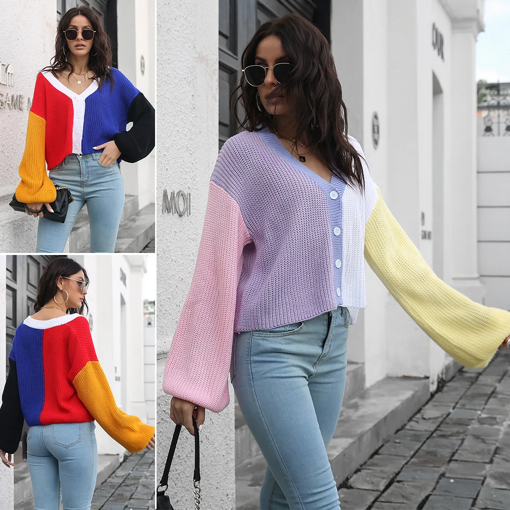 

Color matching knit cardigan contrast sweater women's loose long-sleeved short coat new European and American women's wear