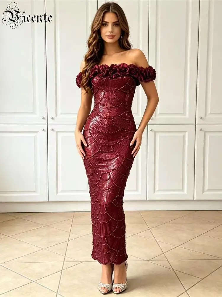 VC 2026 Burgundy Beaded Long Evening Dress for Women Off Shoulder 3D Flower Bodycon Cocktail Dress Sequin Crystal Formal Gown