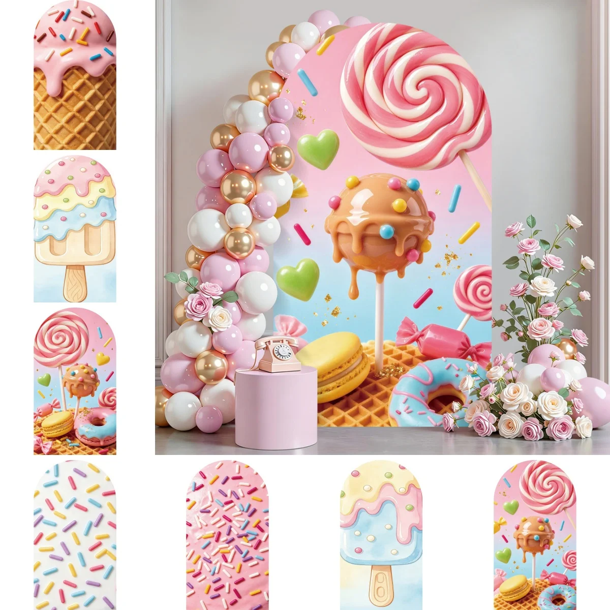 Lollipop Donuts Arch Cover Background for Girl Birthday Party Baby Shower Sweet Desserts Creamy Cookie Ice Cream Arched Backdrop