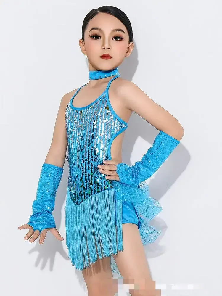 Costumes pour filles, vêtements pour enfants, robes de concours de salle de bal, justaucorps à la mode, paillettes, pompon, robe de danse latine Salsa