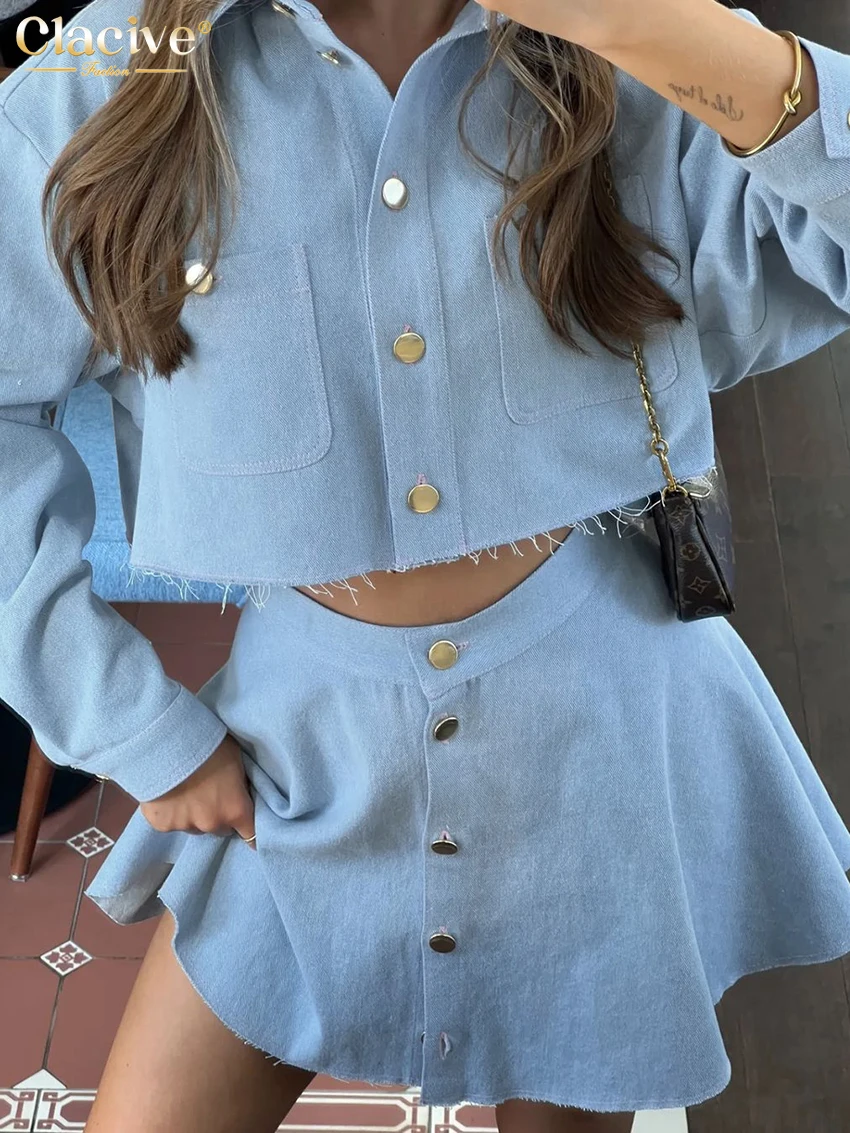 Clacive Fashion Loose Blue Denim 2 Piece Sets Women Outfit Elegant Long Sleeve Crop Top With High Waist Mini Skirts Set Female