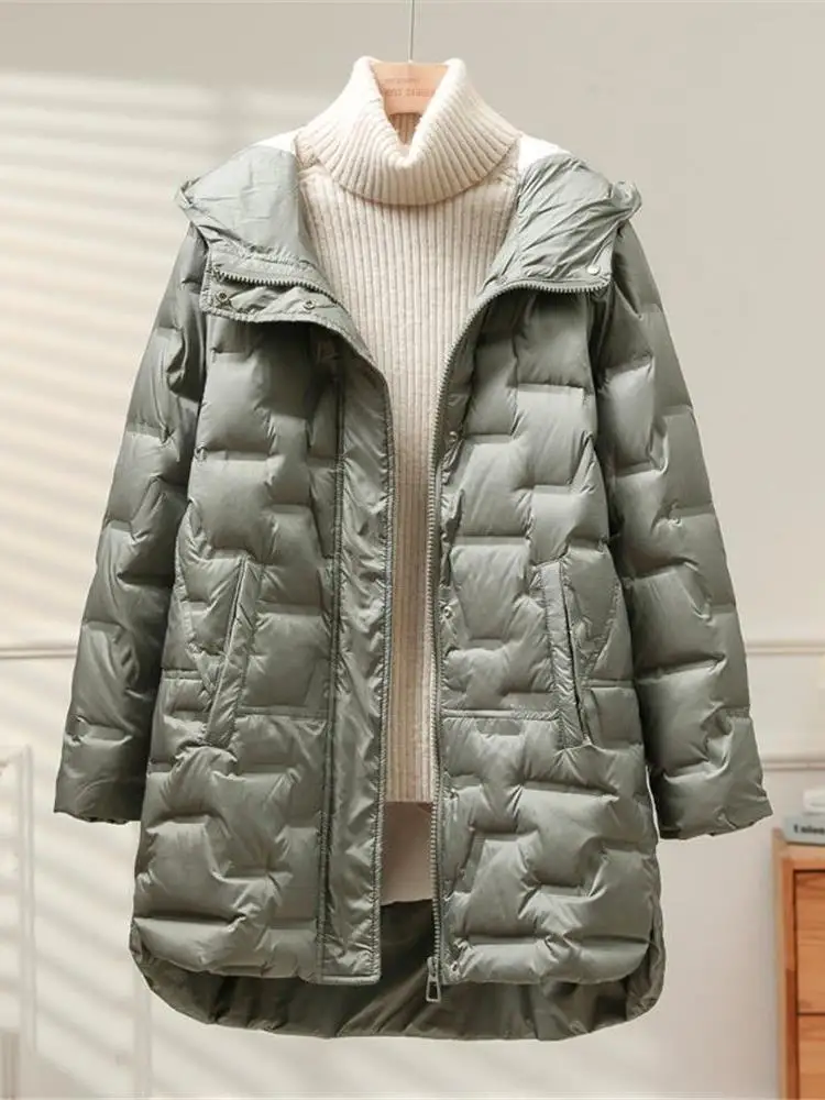 

Ultra-Light White Du down Jaet Women's Mid-Length Loose Fit Winter Coat Warmth Comfortable Casual Sle Zipper Closure