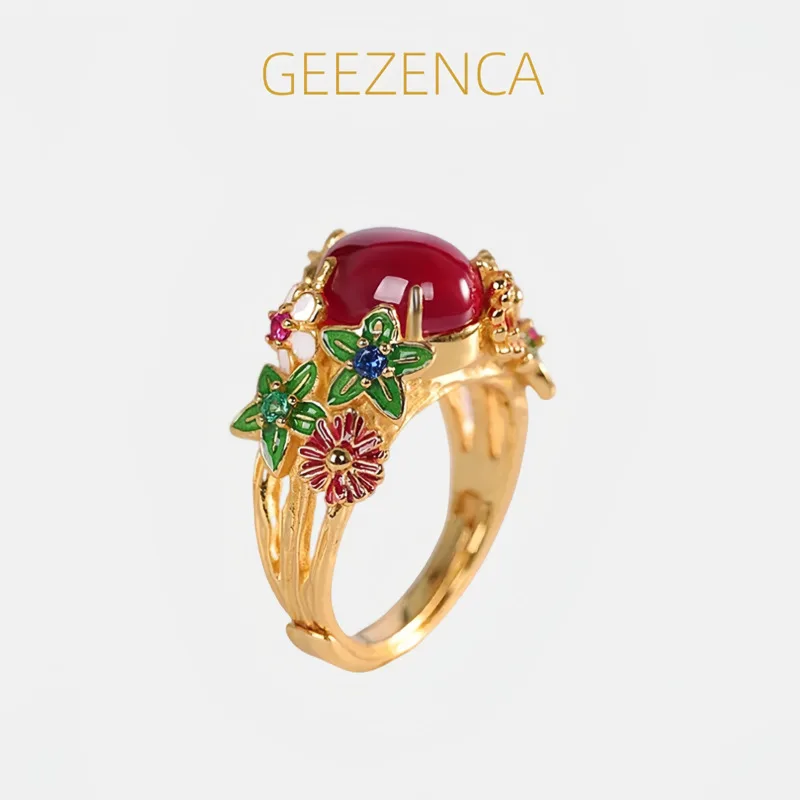 GEEZENCA 925 Sterling Silver Gold Plated Red Corundum Women Statement Ring Colored Enamel Vintage Adjustable Rings Dainty Gift