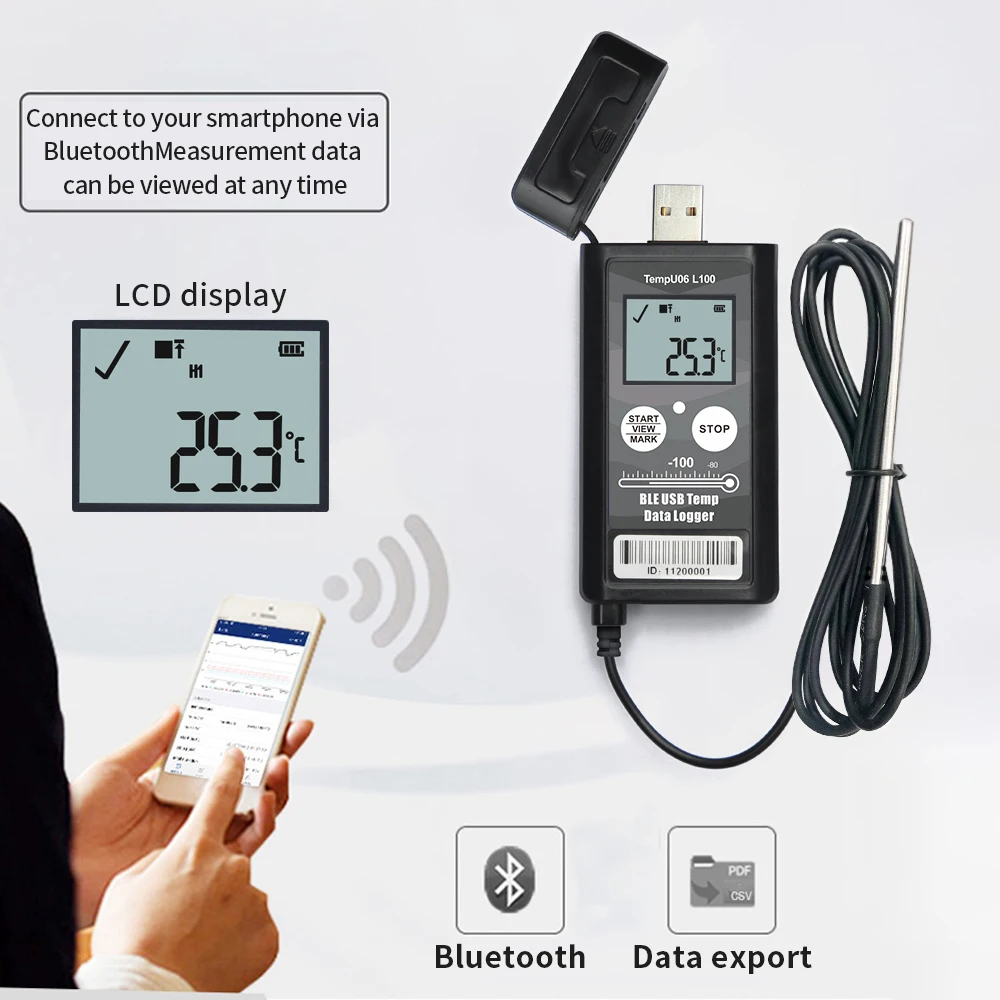 Registratore di dati di temperatura USB Bluetooth con sonda di temperatura esterna registratore di dati criogenici rapporto PDF formato per catena