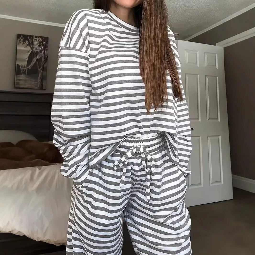 Damski zestaw modowy 2025: bluzka i spodnie, długi rękaw, paski, włókno poliestrowe, do pracy, jesień, długie spodnie, styl biznesowy.