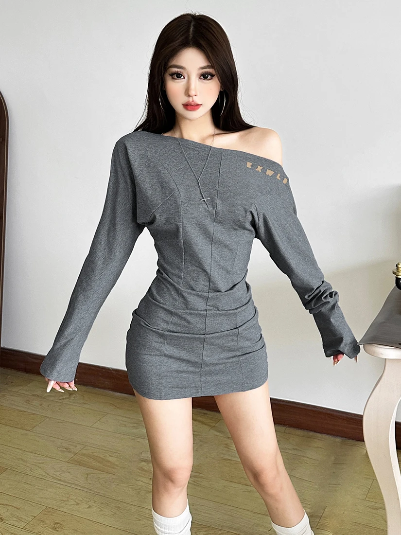 Feminino retro fora do ombro manga longa camiseta vestido cinza sexy magro bodycon midi vestido outono casual versátil roupa de escritório