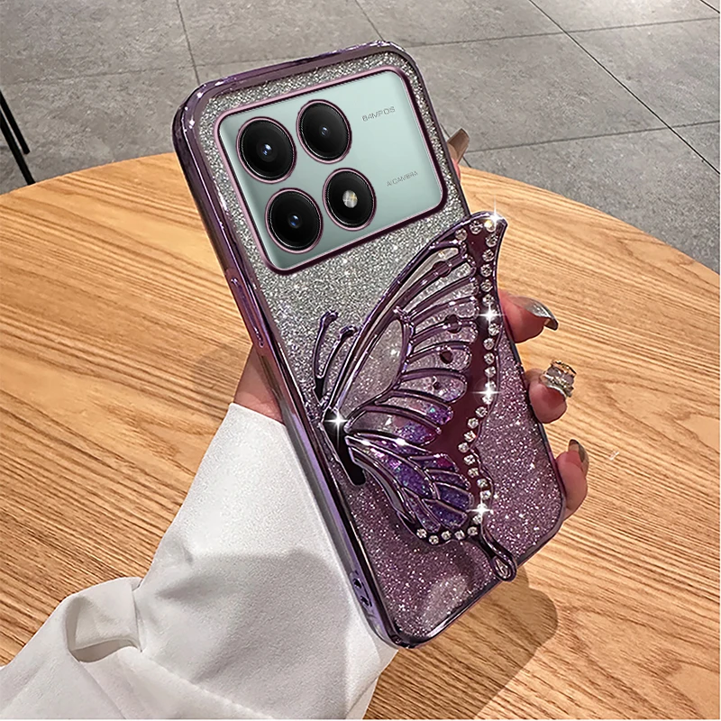 Poco X6 Pro X5 X3 M3 M4 Pro F5 C40 C55 Case 3D Liquid Sand Butterfly Phone Holder Glitter Cover for Xiaomi 14 Ultra 13T 12T 11T