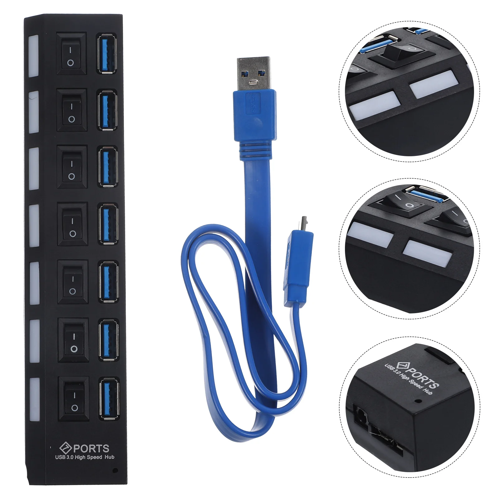 

7-Port Powered Usb 3.0 Hub 5Gbps High Speed Compact Portable Led Indicator Individual Switch Overload Protection Multi Usb Port