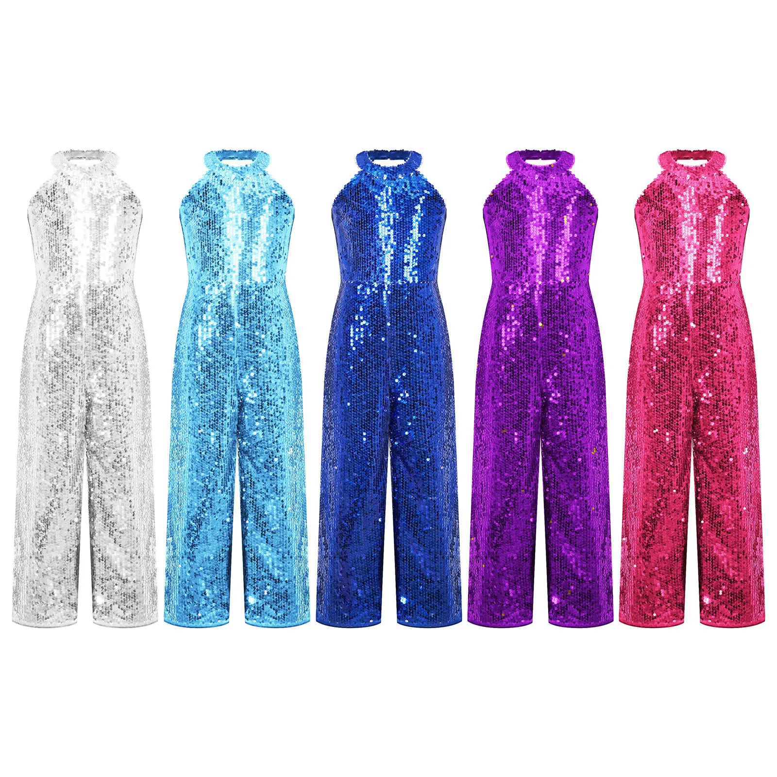 Kids Girls Shiny Sequin Bodysuit Sleeveless Halter Neck Wide Leg Pants Jumpsuit for Birthday Wedding Party Evening Dancing Prom