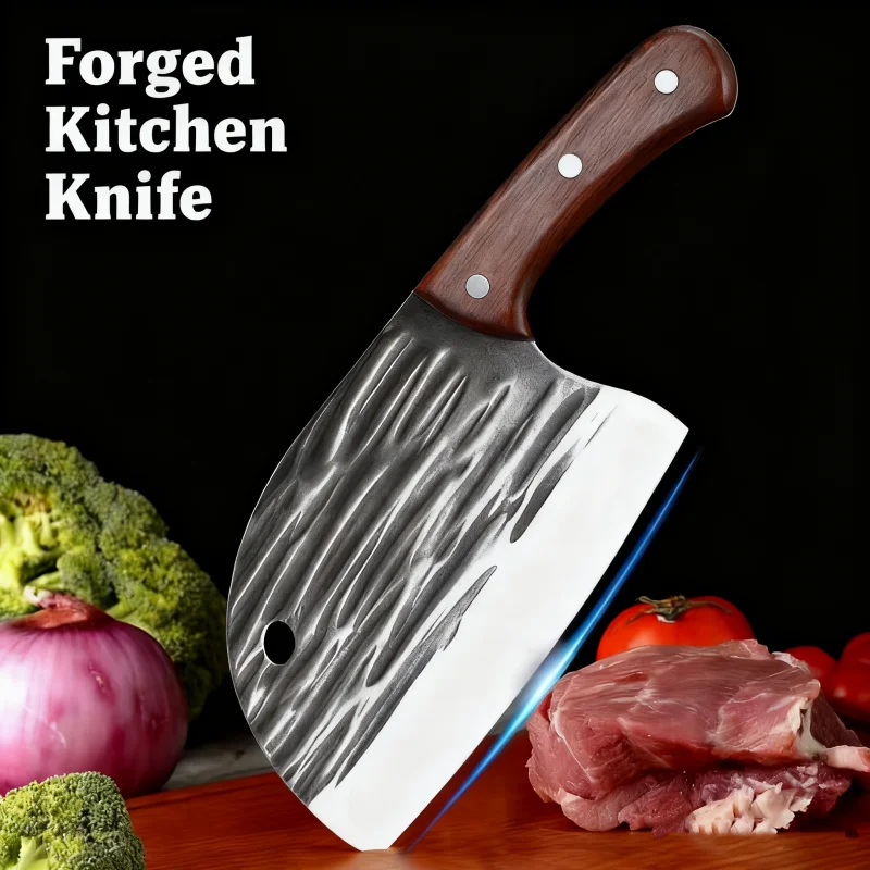 Cuchillo de corte de huesos de acero al carbono de alta calidad, diseño de quilla resistente de carnicero profesional con mango de madera de imitación