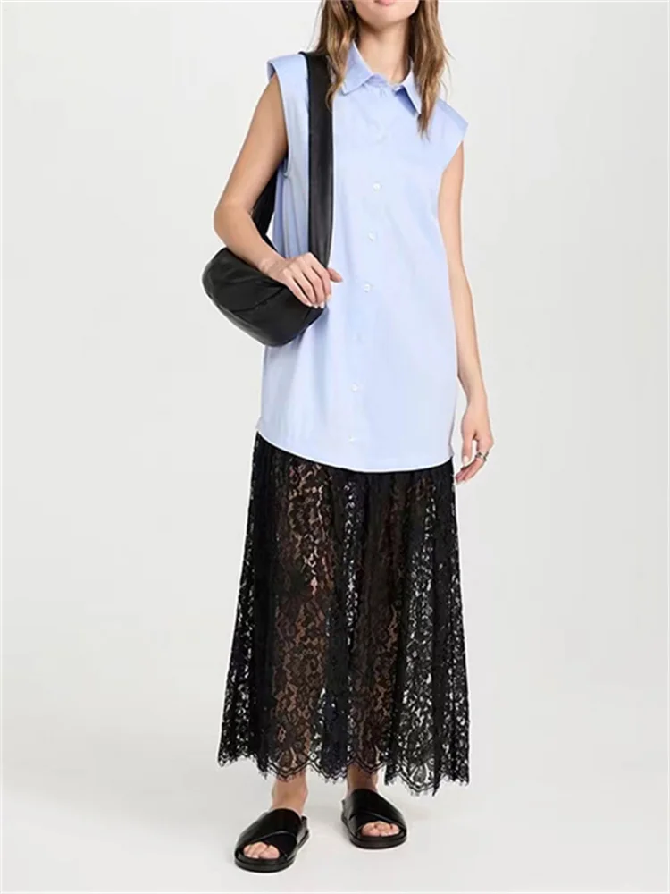 

Fake Two Pieces Women's Simple Lace and Shirt Patchwork Tank Dress Solid Color Sleeveless A-Line Robe Ladies Early Autumn