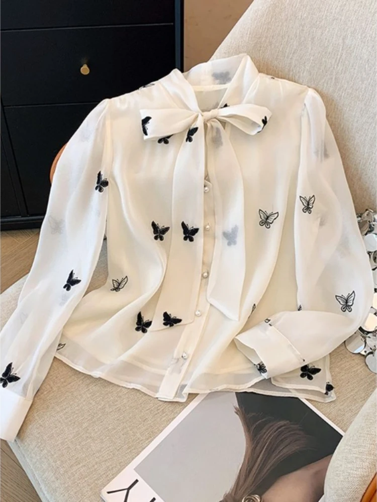 

Милые рубашки с бантом, шифоновая рубашка с длинными рукавами для женщин, ранняя осень 2022, новые Blusas De Mujer, повседневные блузки в стиле Харадзюку