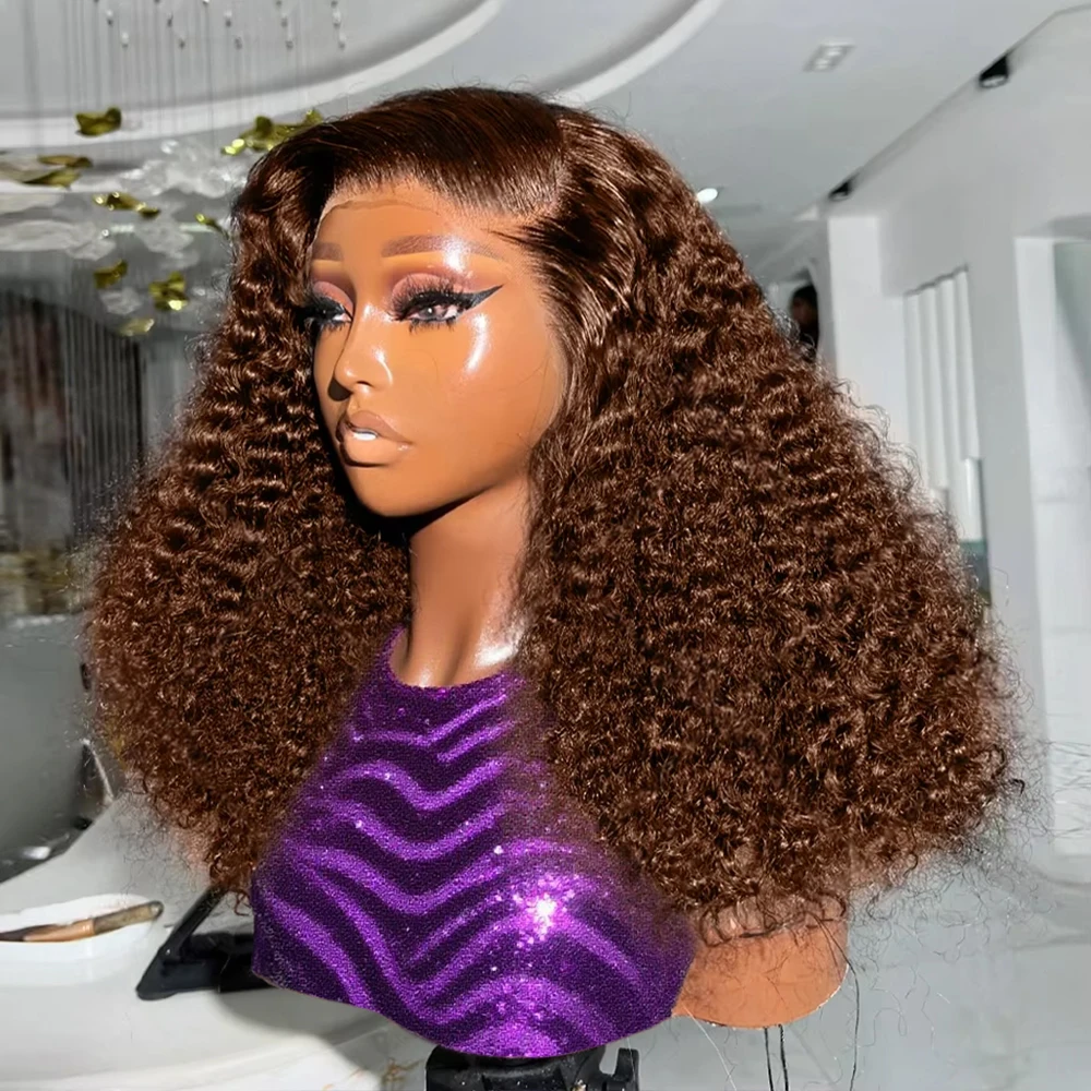 Wig Rambut Manusia Jerry Kinky Curly Cokelat Coklat Tua Tanpa Lem # Wig Frontal Lace HD 13x4 Deep Wave 4 Warna untuk Wanita, Kepadatan 250%