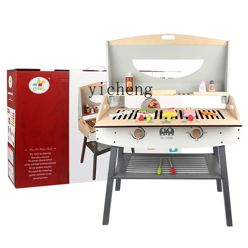 Tqh Mesa de barbacoa para niños, casa de juegos para barbacoa, cocina de madera, juguete, parrilla, estante, comida de simulación de cocina