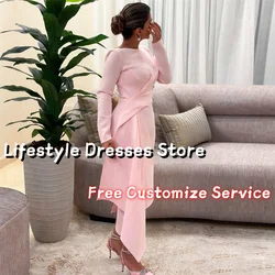 Pink Long Sleeves Ruched Prom Dresses Tea-length Customized Evening Dress For Formal Occasion 2024 O-neck Formal Party Gown