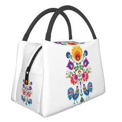 Polish Folk Flowers And Roosters Insulated Lunch Bag for Women Leakproof Poland Floral Art Cooler Thermal Bento Box Work Picnic