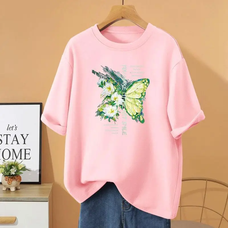 

Summer Cartoon Printed Short Sleeve Top Tee, 100% Cotton Loose Casual O-neck Pullovers, Women Clothing Vintage Basic T-shirt