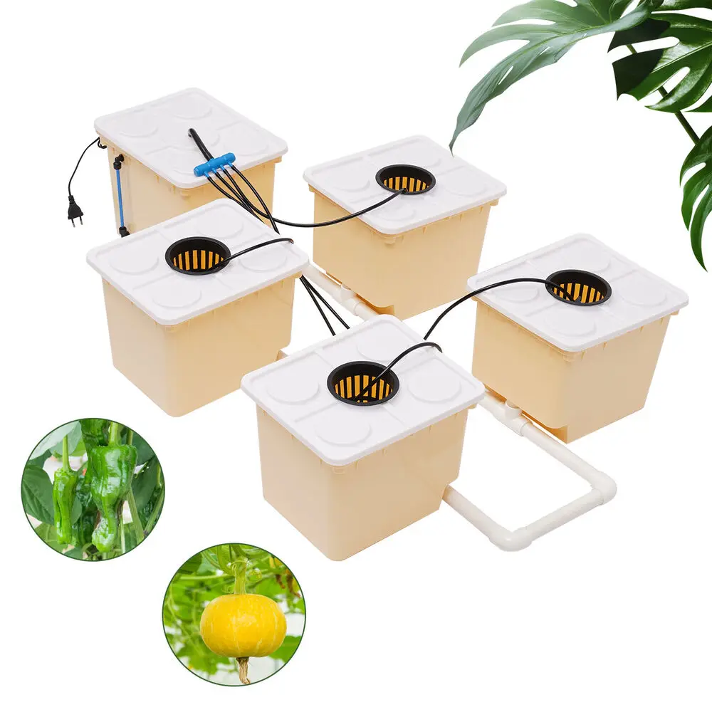 2.91 Gallon Deep Water Culture Hydroponic System Grow Kit Set of 5 Buckets Garden Plant System W/Lids and Submerged Pump