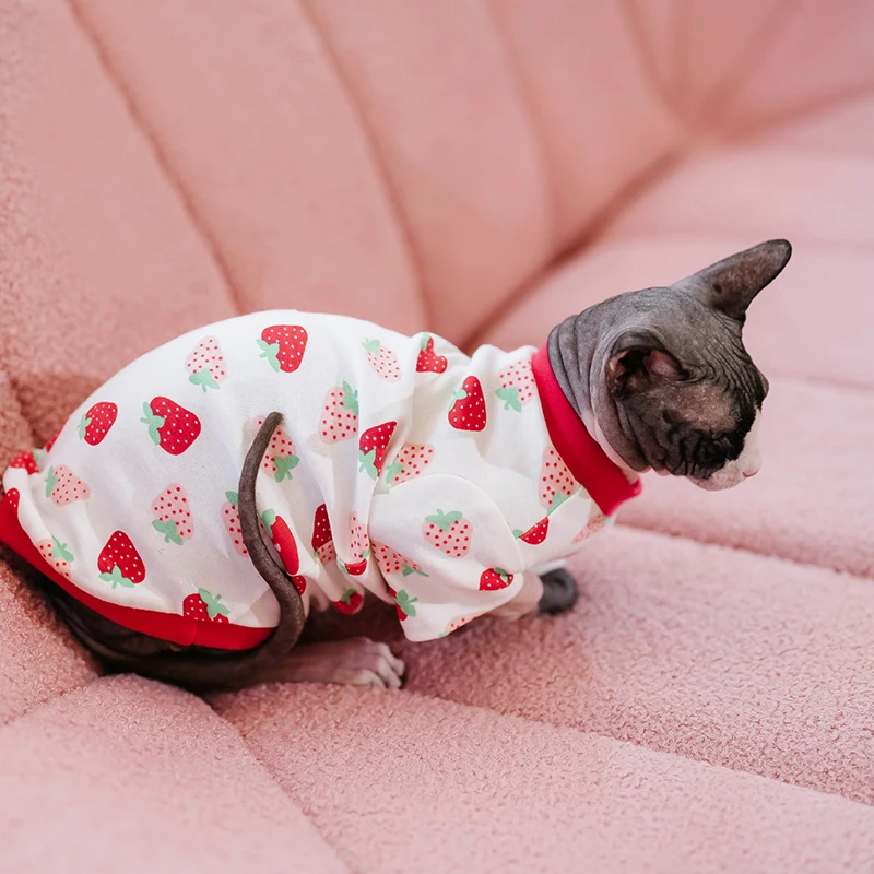 Cute Sphinx Cat Vest Clothes Winter Kittens Costume Pet Hoodies For Sphynx Small Dog Coat With Strawberry Pattern Autumn Spring